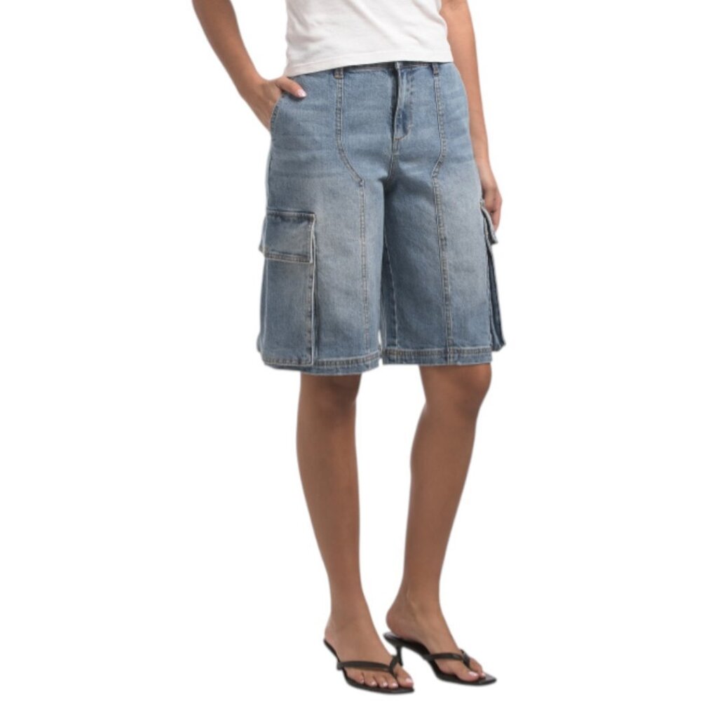 AVEC LES FILLES Denim Long Cargo Shorts